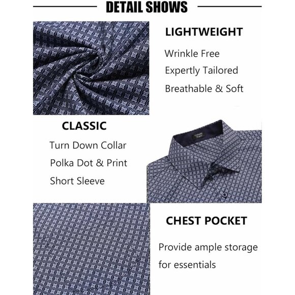 Blue windmill Men Short Sleeve Button Down Wrinkle Free Polka Dot Print Shirt - Picture 5 of 5